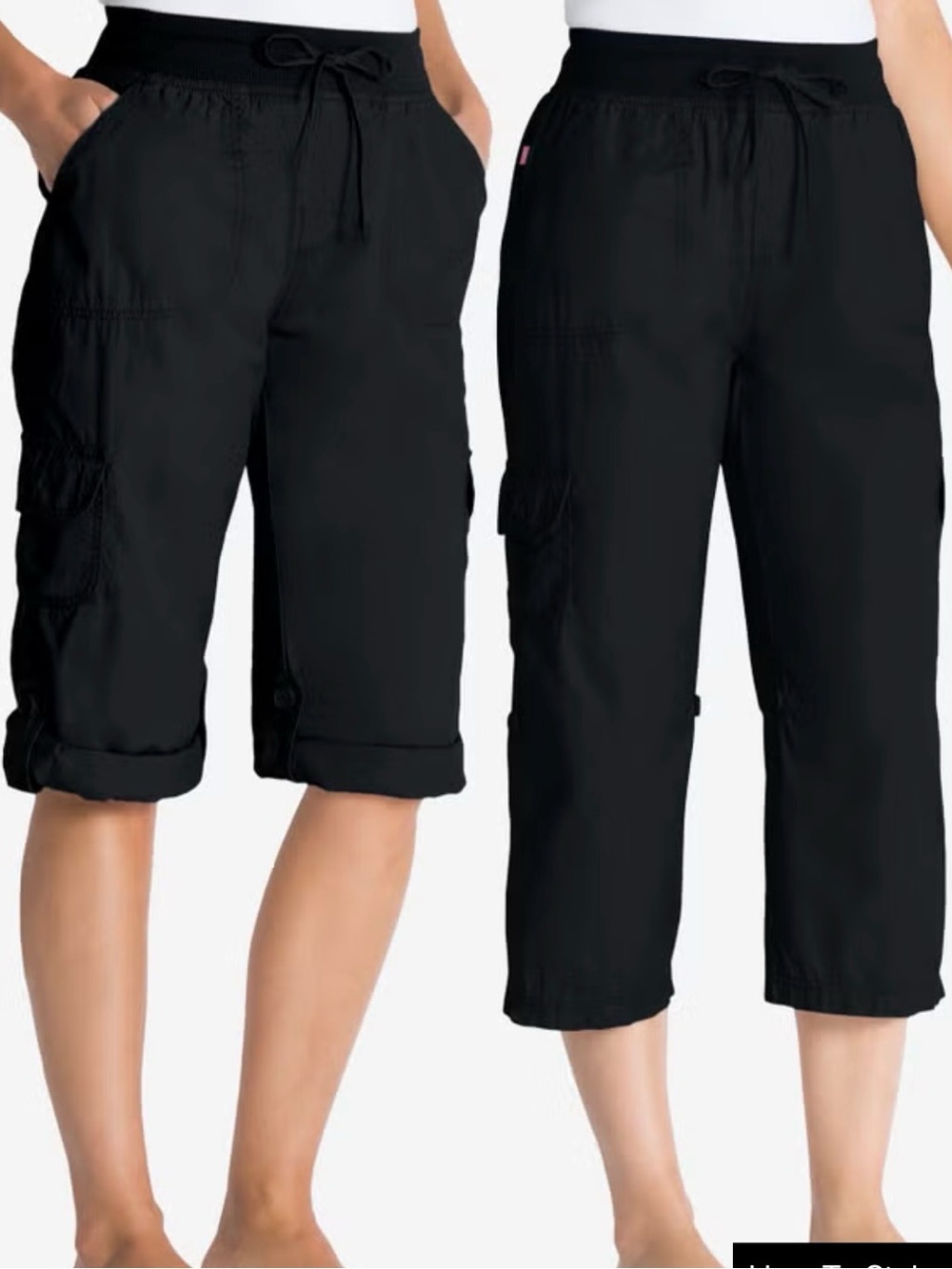 Woman within Black Cargo Capris with Button Flap Pockets